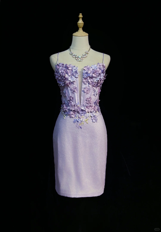 Lilac Spaghetti Straps Corset Short Prom Dress 3D Floral Appliques Fitted Sheath Mini Formal Gown  NV6891