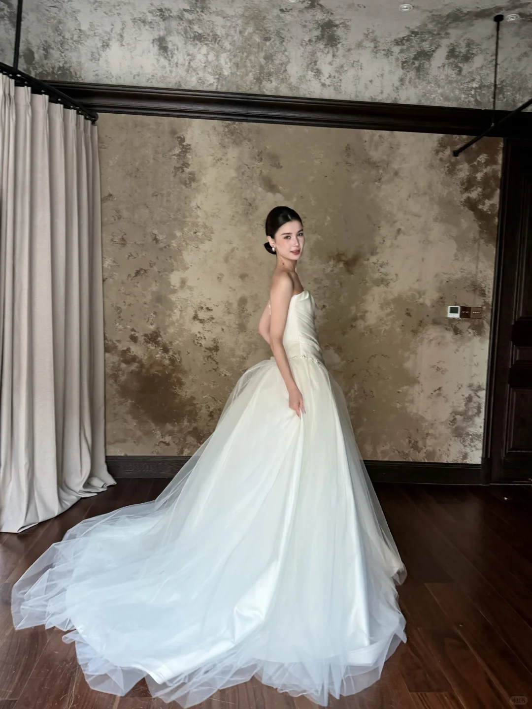 Ivory Strapless Satin Tulle A-Line Wedding Gown with Beaded Waist  NV7191