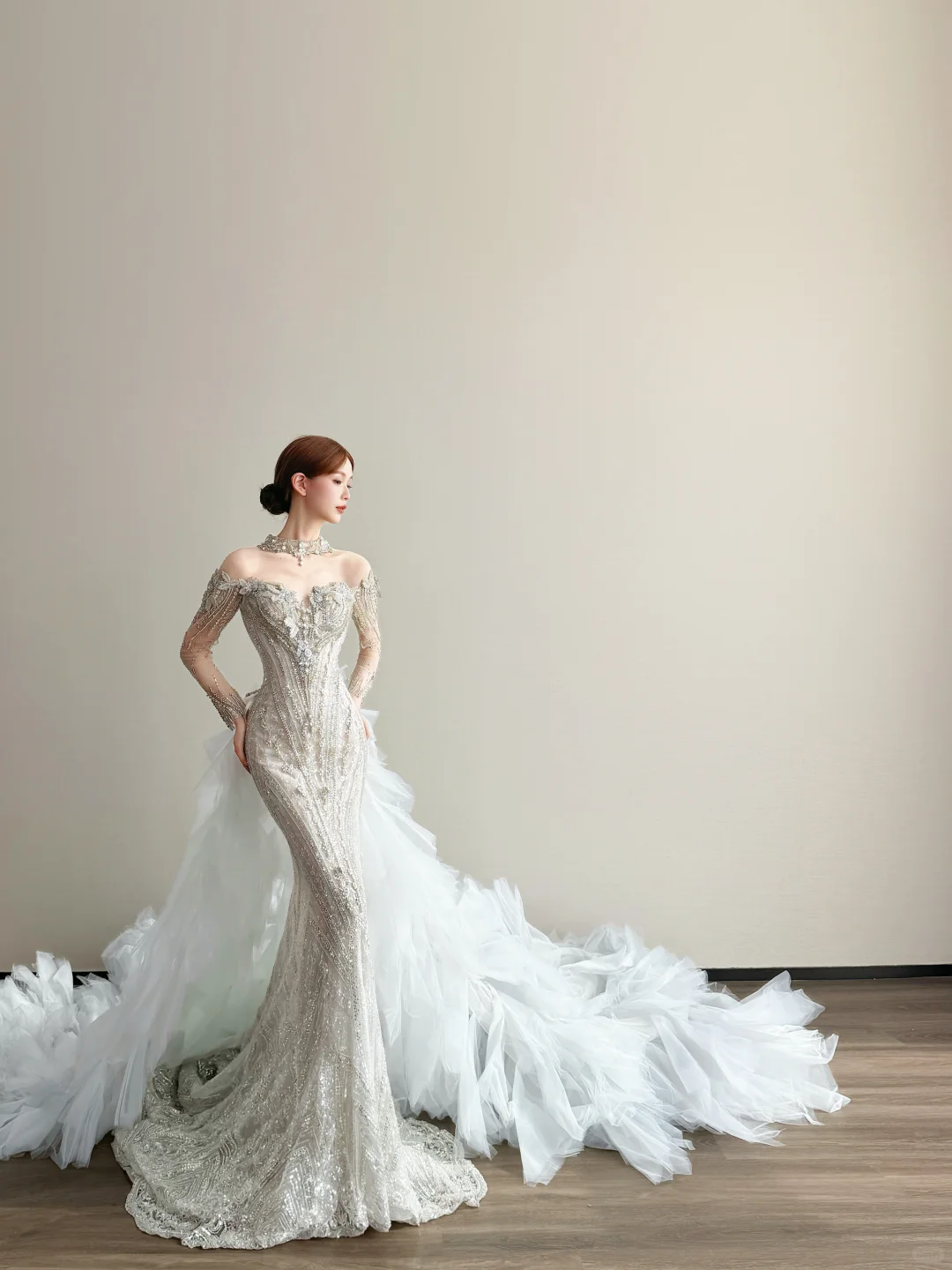 White Off Shoulder Wedding Gown High Neck Choker Beaded Lace Mermaid Ruffle Tulle Overskirt Bridal Dress  NV7163