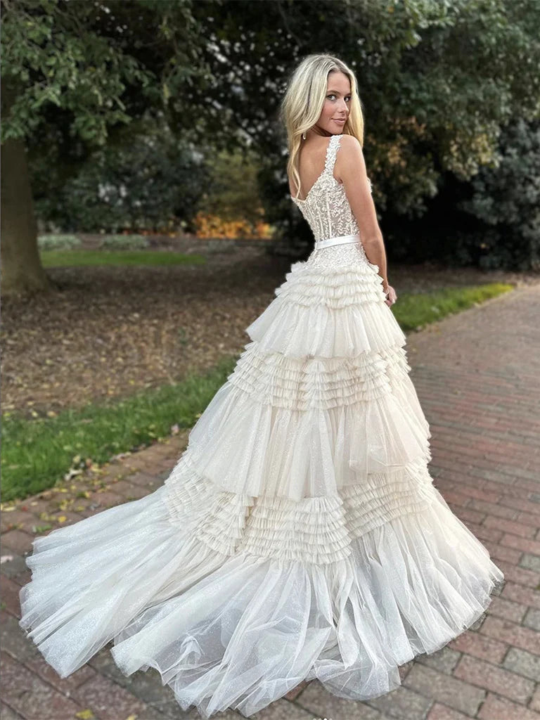 Champagne V Neck Tulle Lace Long Prom Dress, Champagne Formal Dress nv1522