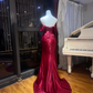 Burgundy Off Shoulder Mermaid Evening Dress, Draped Ruched Shimmer Gown With Train  NV7089