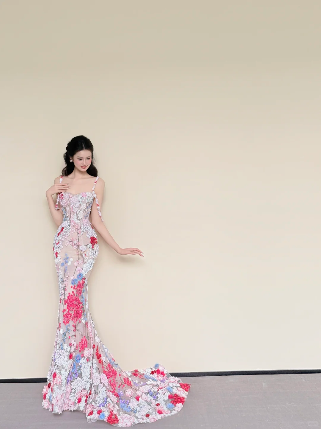 Spaghetti Strap 3D Colorful Flower Sheer Mermaid Prom Dress with Train  NV7425