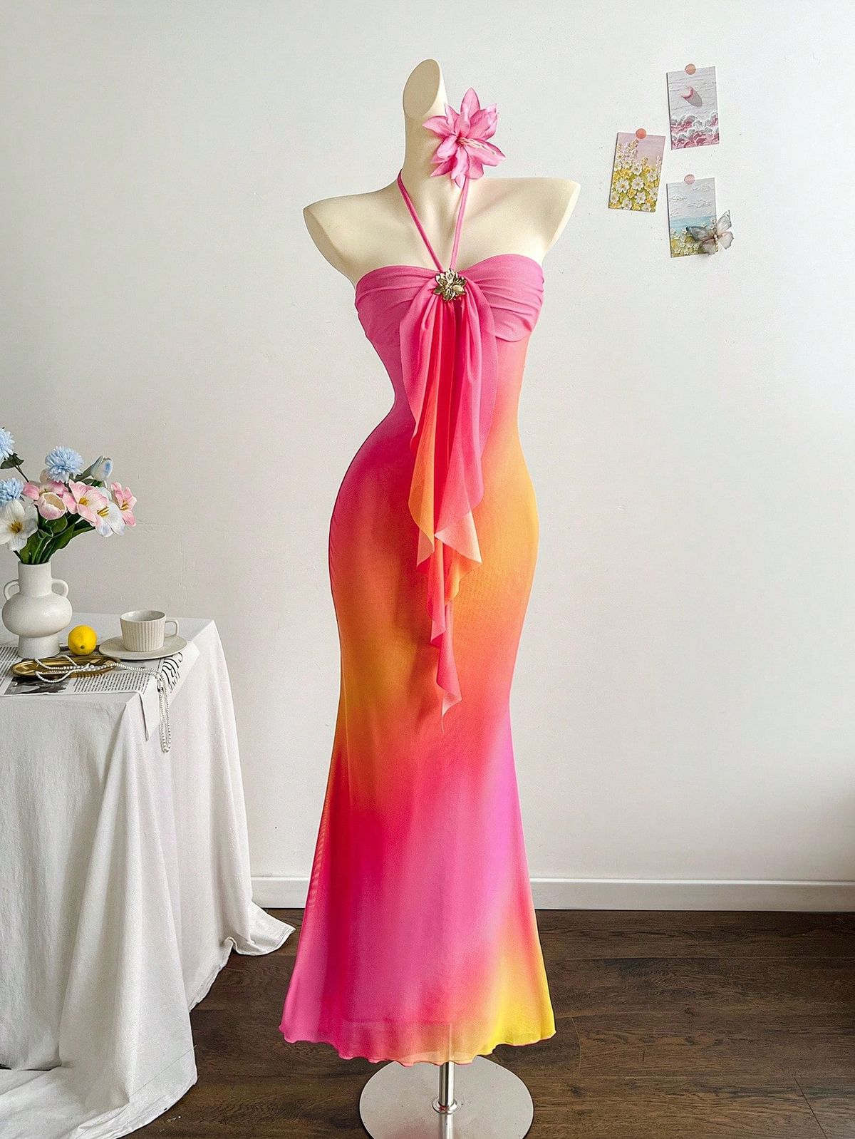 NiceVestidos-_Pink and orange gradient chiffon long party dress NV5962