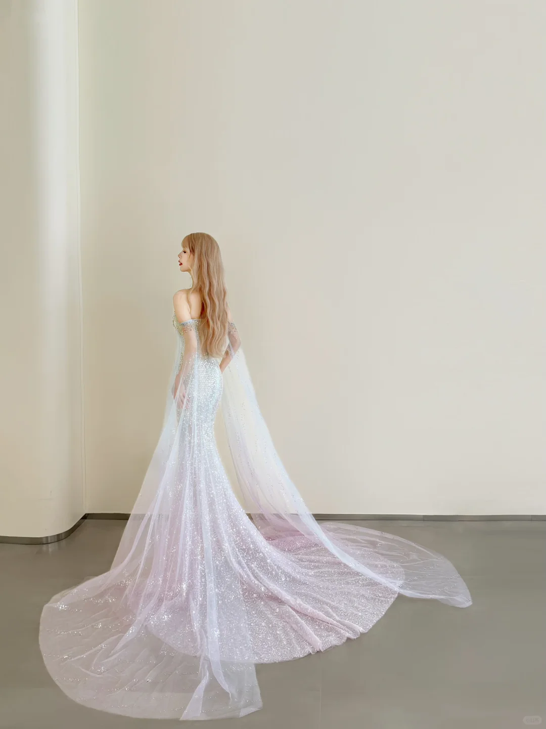 Ombre Pink Blue Sparkle Mermaid Prom Gown Off Shoulder Beaded Tulle Cape  NV7175