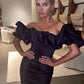 Black tight off the shoulder ruffle short mini satin homecoming dress prom dress birthday party dress nv1730