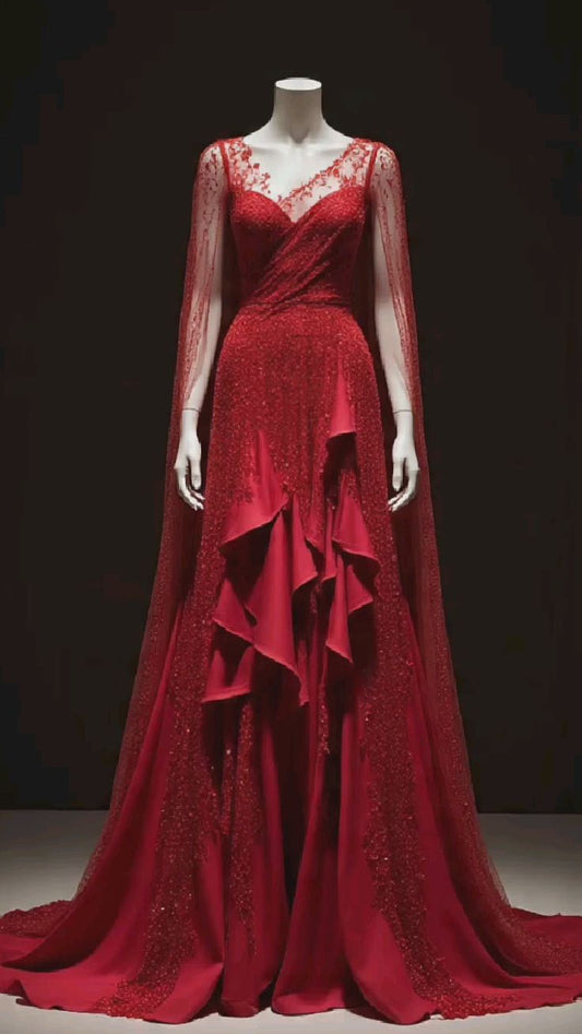 Robe de soirée NiceVestidos - Dentelle rouge et sequins, tulle à manches longues et traîne jusqu'au sol NV6164