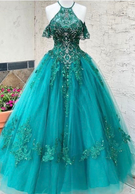 Robe de bal longue à manches courtes, dos nu, en tulle et dentelle turquoise NiceVestidos NV6167