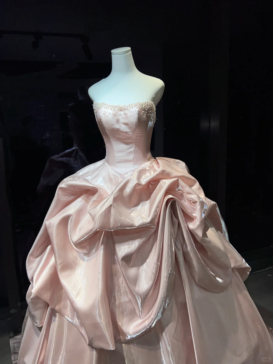 Strapless Light Pink Prom Dress Pearl Beaded Shiny Satin Draped Ball Gown  NV7057