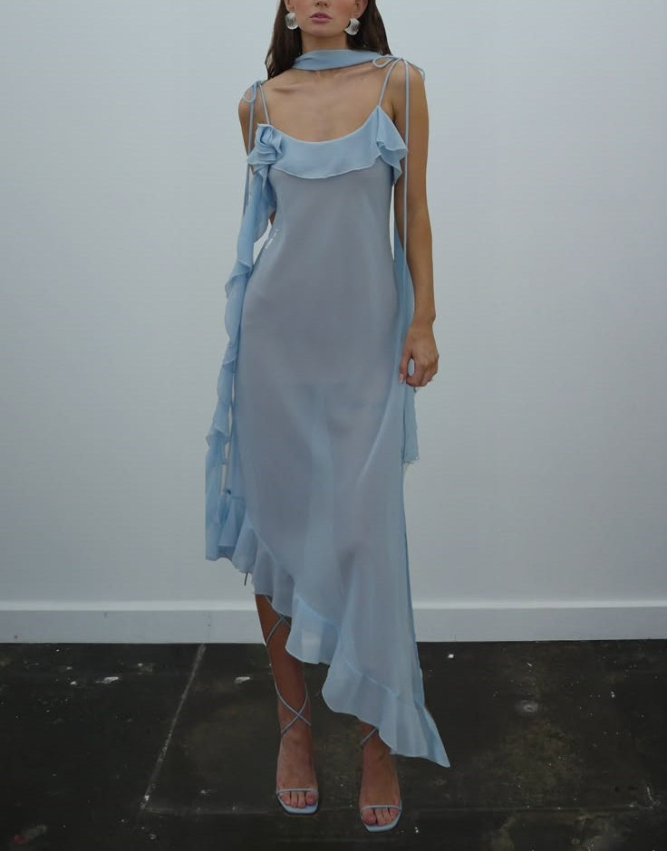 Blue Stylish Elegant Spaghetti Straps Ruffled Long Chiffon Ball Gown Evening Dress Party Dress Prom Dress nv4024