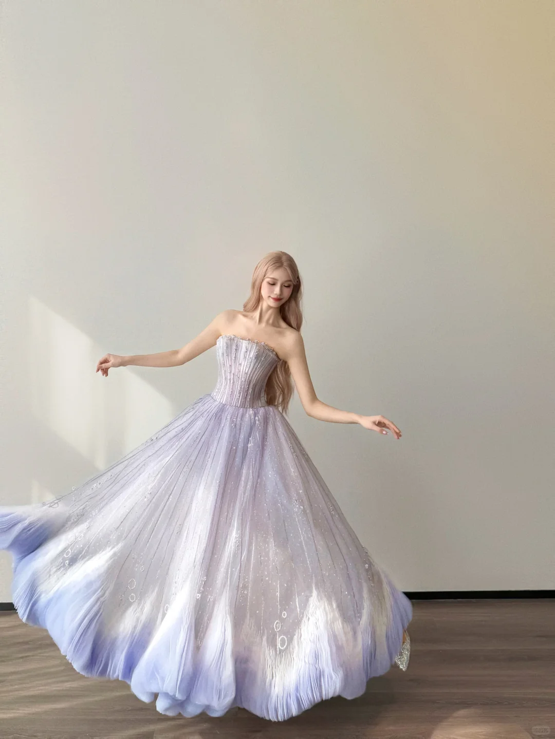 Strapless Ombre Purple Blue Prom Gown Boned Bodice Sparkle Tulle Cloud Hem A Line Evening Dress  NV7149