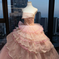 Strapless Pink Prom Dress Hand Beaded Sequin Tiered Glitter Tulle Cake Ball Gown  NV7055