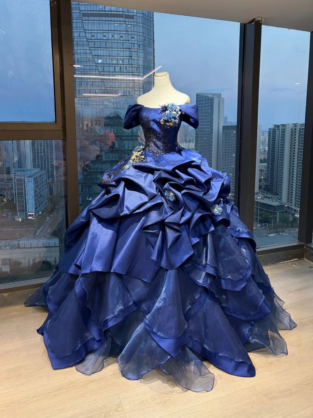 Royal Blue Off Shoulder Princess Ball Gown Puff Sleeve Beaded Embroidery 3D Flower Ruffled Satin Tulle Long Evening Gown  NV6999