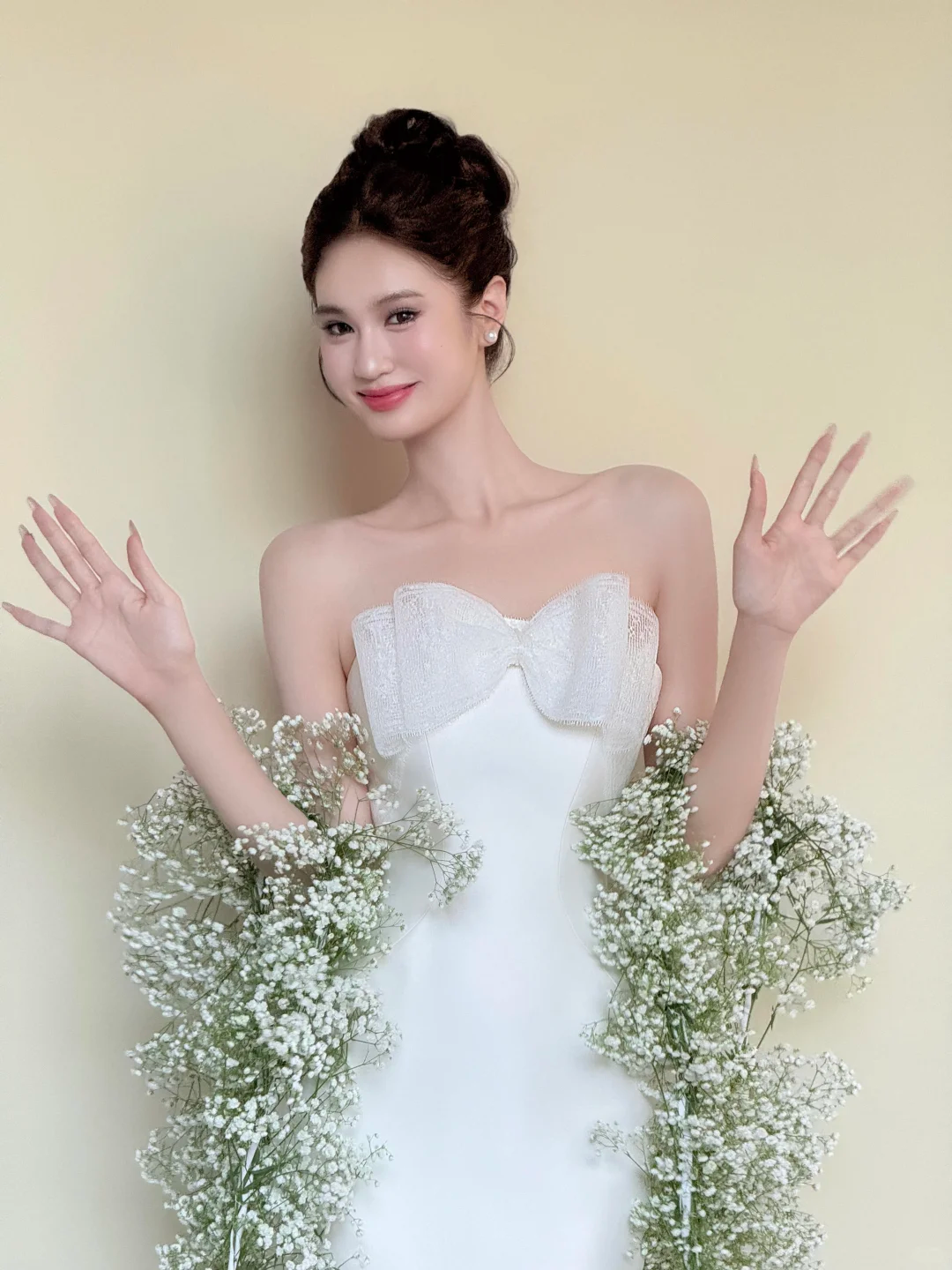 Strapless White Satin Mermaid Wedding Gown, Big Bow Accent Elegant Bridal Dress  NV7437