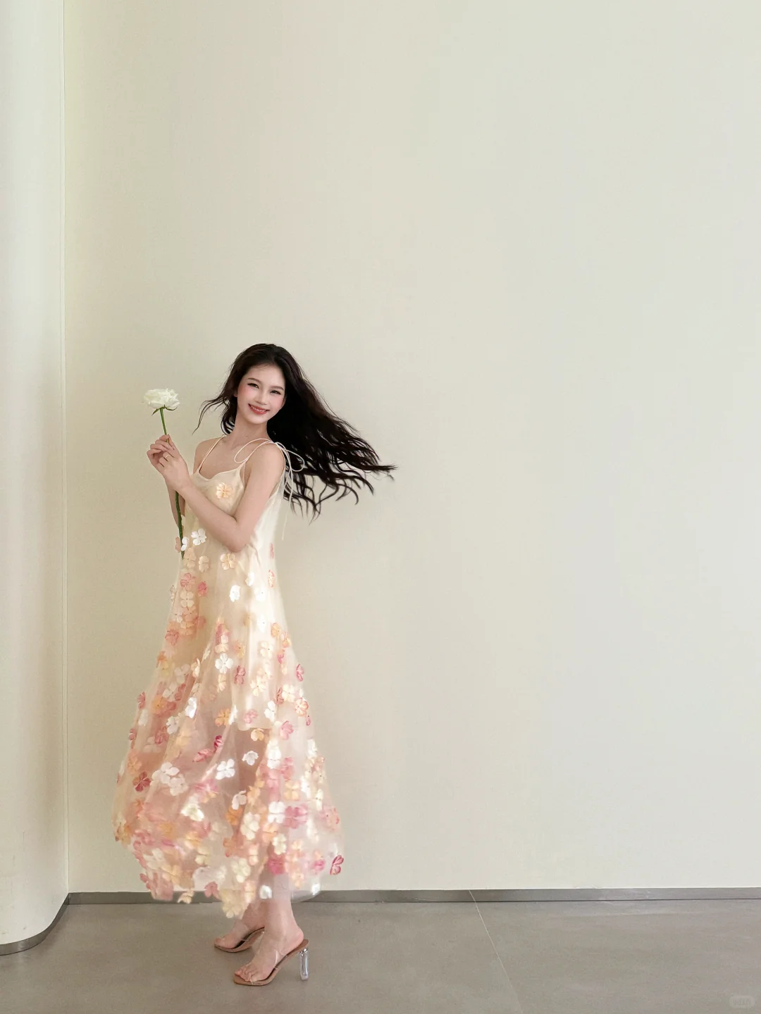 Champagne Spaghetti Strap 3D Floral Tulle Dress Flowy Evening Gown  NV7132