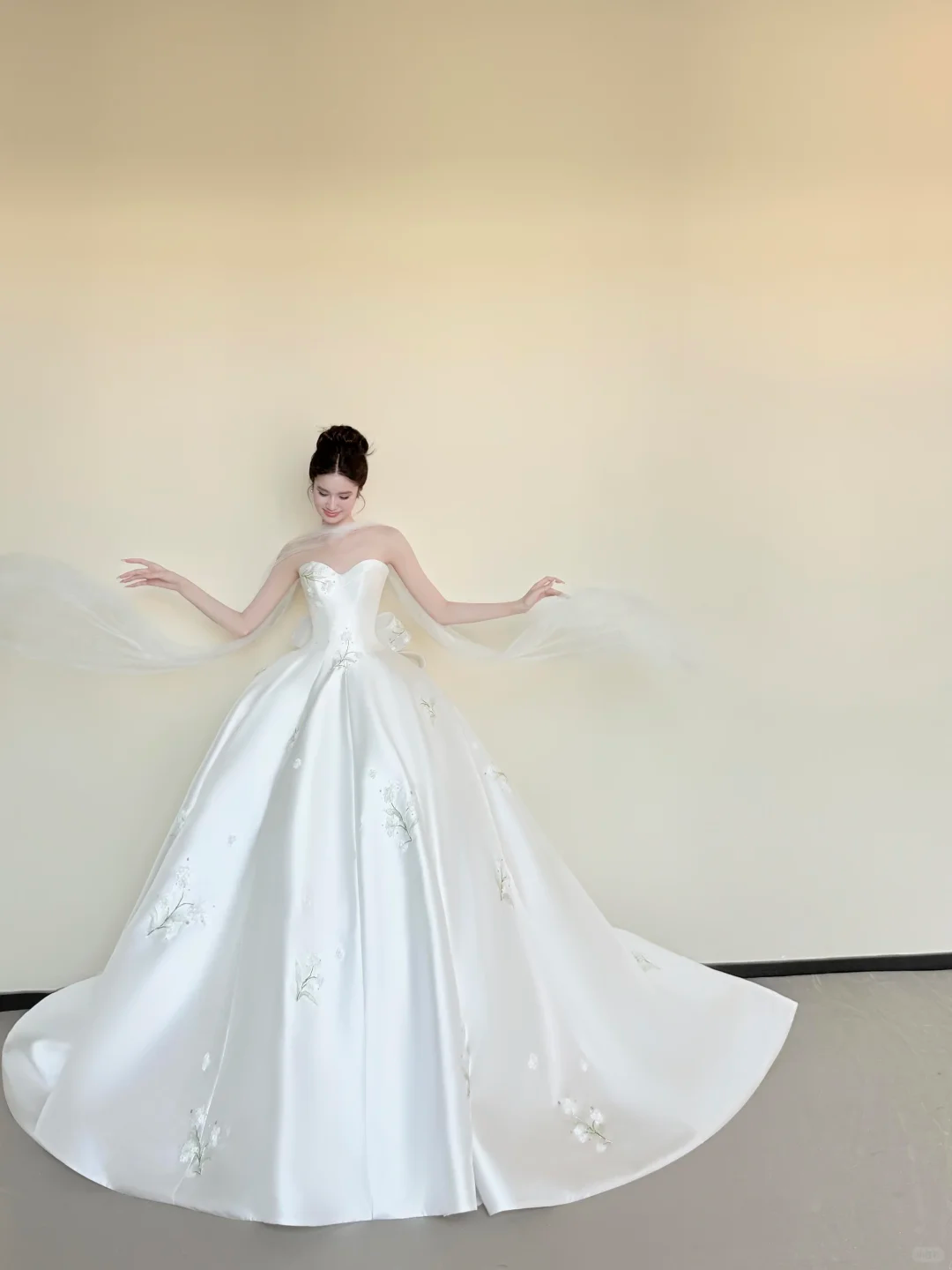 White Sweetheart Satin Ballgown Wedding Dress, Floral Embroidery Tulle Cape Bridal Gown  NV7440