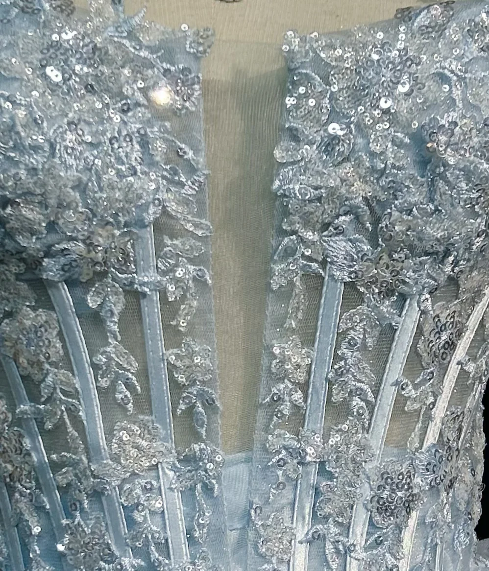 Ice Blue Spaghetti Straps Corset Short Prom Dress 3D Floral Sequin Lace Tiered Ruffle Tulle Mini Formal Gown  NV6890