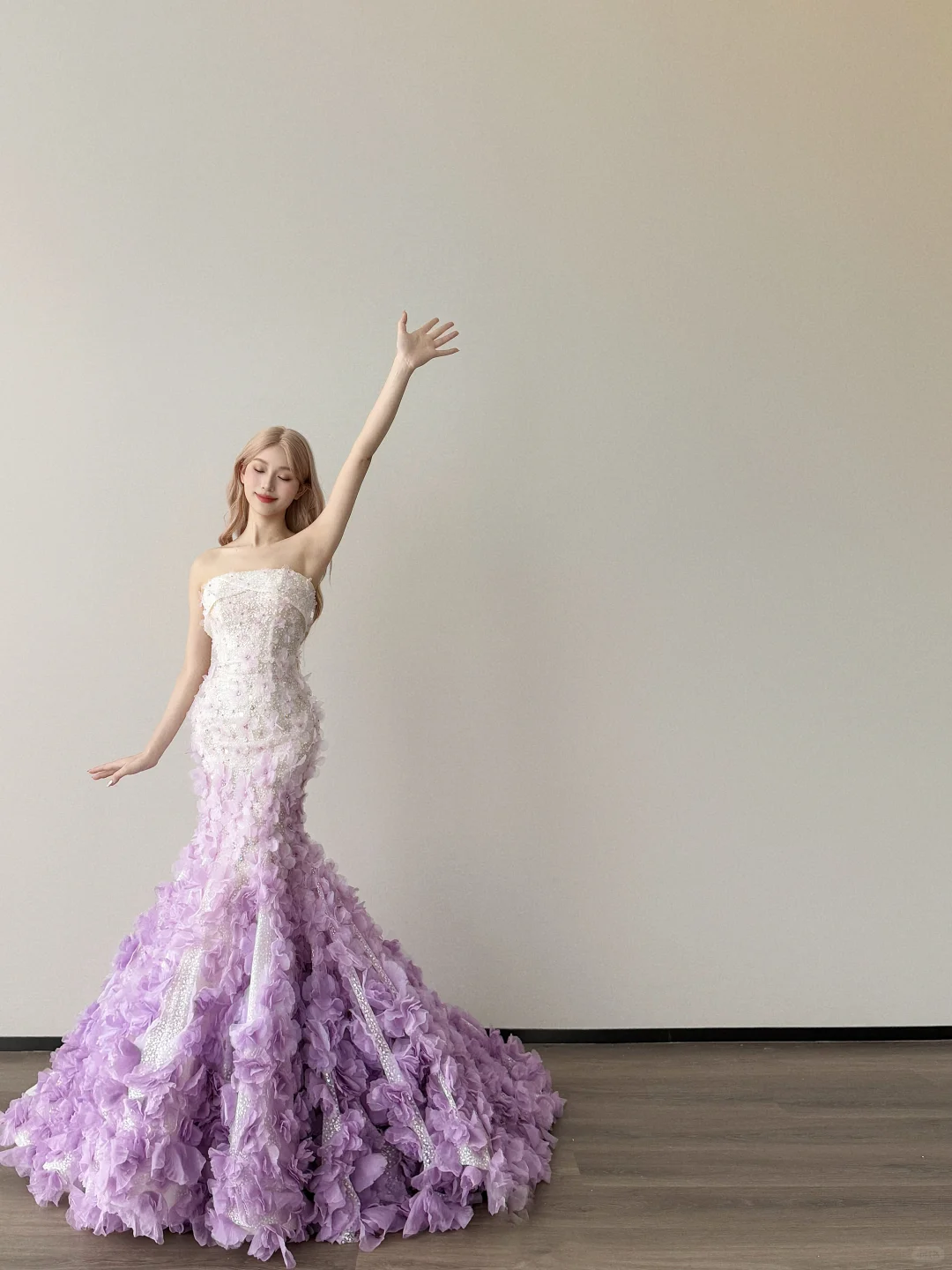 Lavender Ombre Strapless Mermaid Prom Dress 3D Flower Petal Train  NV7140