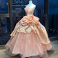 Strapless Blush Pink Princess Ball Gown 3D Flowers Ruffled Satin Tiered Tulle Pearl Chain Long Prom Wedding Dress  NV6975