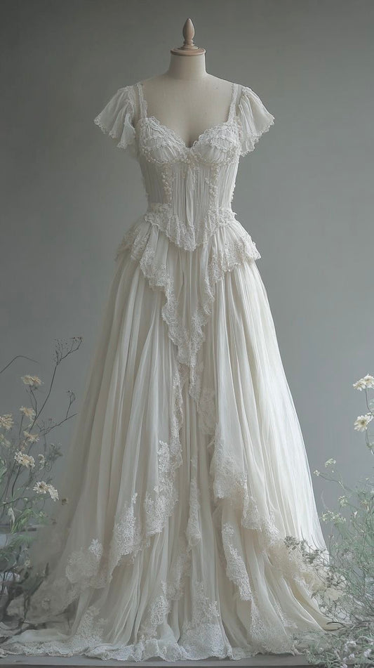 Ivory French Retro Lace Wedding Dress: Deep V Ruched, Layered , Handmade Heavy-duty Bridal Gown NV6419