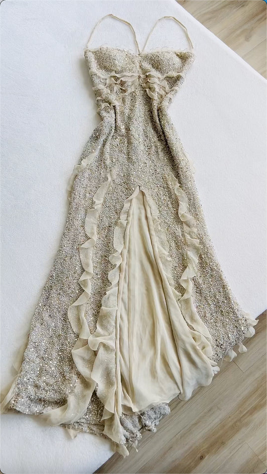 White gorgeous shiny elegant chiffon slit sexy long ruffled sequined ball gown evening dress party dress nv3542