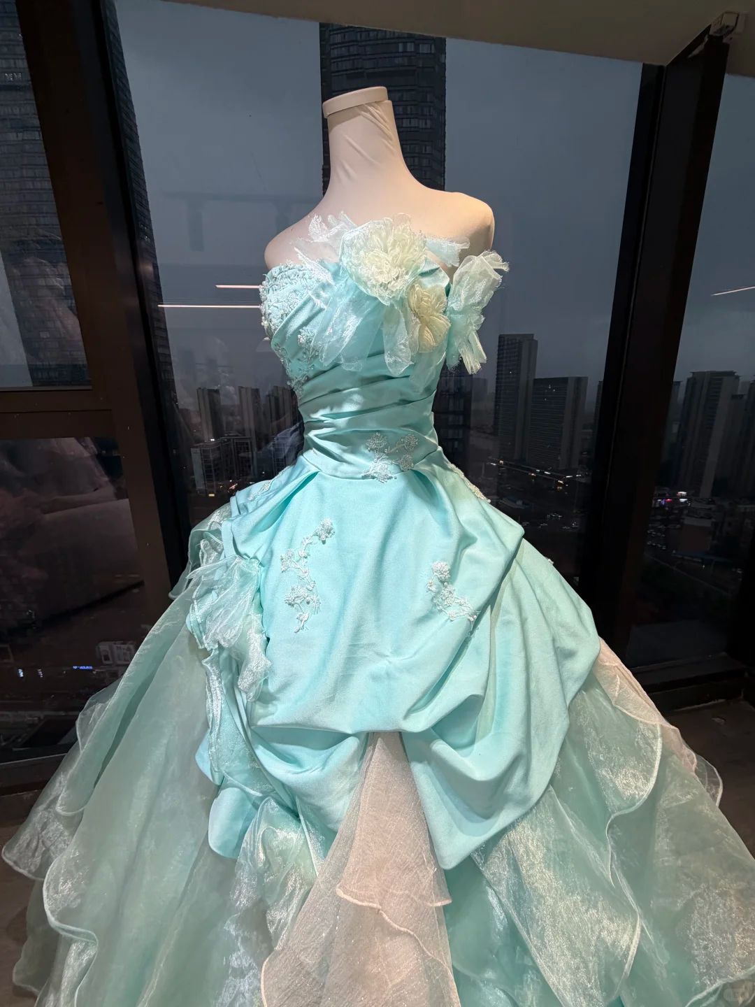 Ice Blue Strapless Princess Ball Gown Beaded Embroidery 3D Flower Ruched Satin Tiered Organza Long Evening Gown  NV7001
