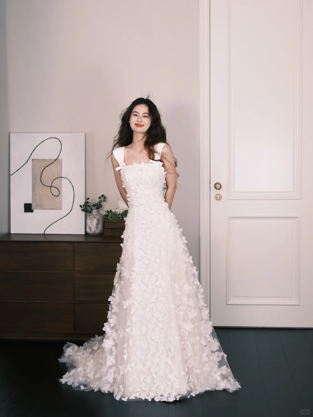 3D Floral Tulle Wedding Dress Square Neck Wide Strap  NV7316