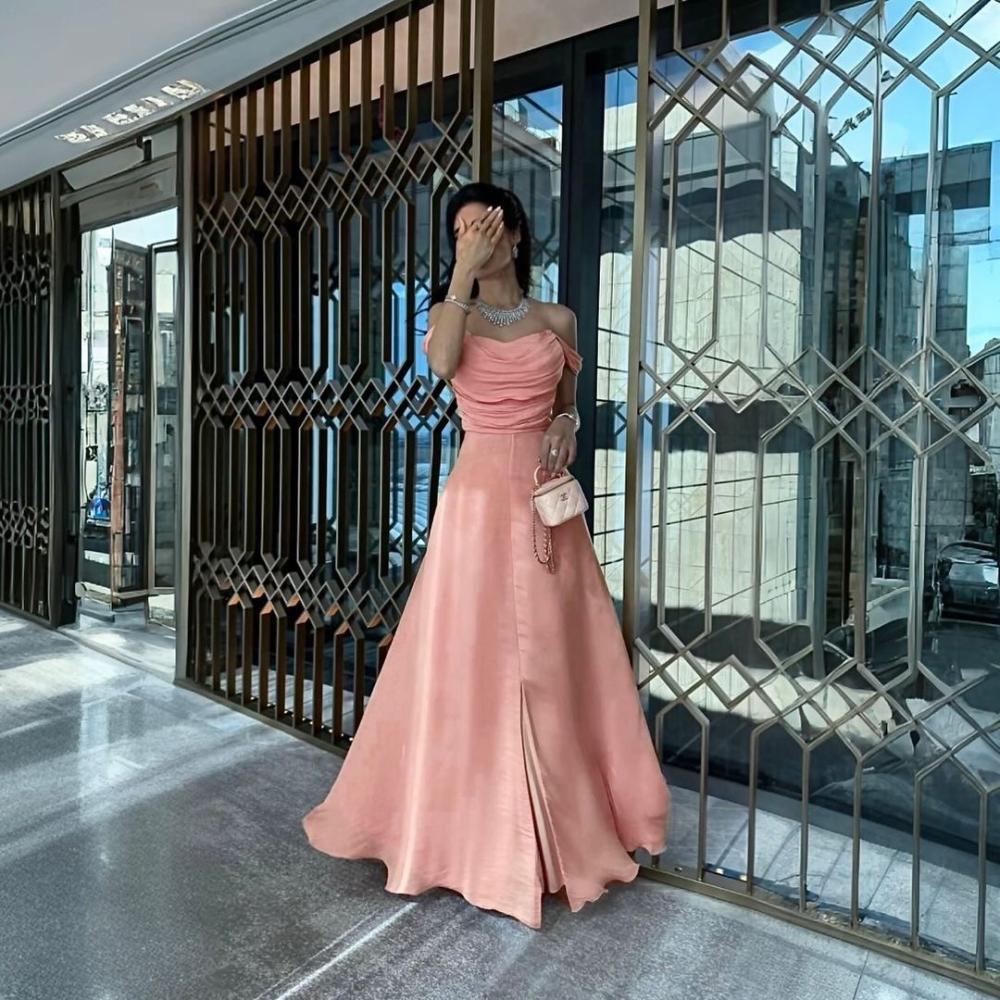 Strapless Simple Pink Satin Long Evening Dress Low Profile A-Line Ball Gown nv2774