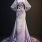 Purple Gorgeous Retro Fashion Elegant Floral Appliqué A-Line Long Tulle Floor-length Tail Evening Gown Prom Dress nv3833