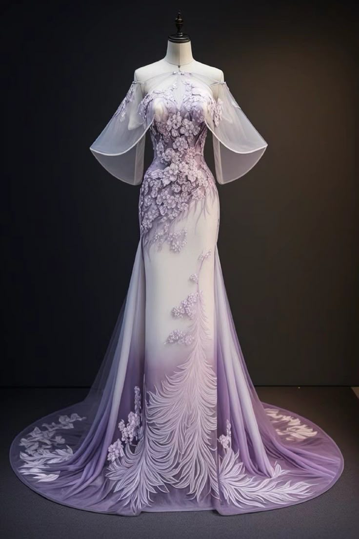 Purple Gorgeous Retro Fashion Elegant Floral Appliqué A-Line Long Tulle Floor-length Tail Evening Gown Prom Dress nv3833
