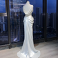 White Satin Cowl Neck Mermaid Evening Gown Pearl Chain Tassel Draped Ruched High Slit Prom Dress  NV7004