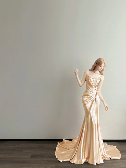 Champagne Gold Satin Mermaid Prom Gown Strapless Ruched Sweep Train  NV7166