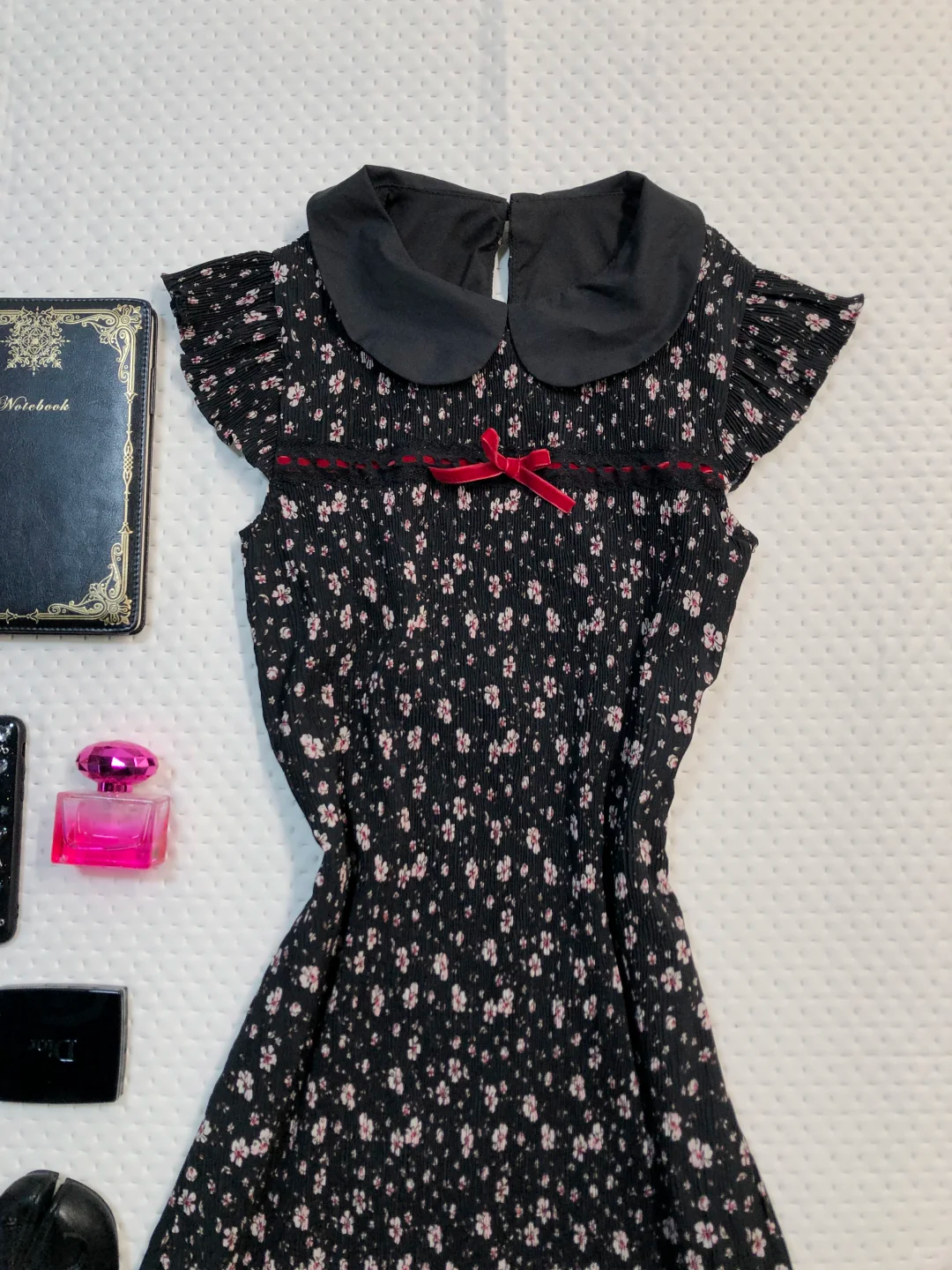 Black Floral Short Homecoming Dress Peter Pan Collar Flutter Sleeve Lace Hem Vintage Cocktail Gown  NV6927