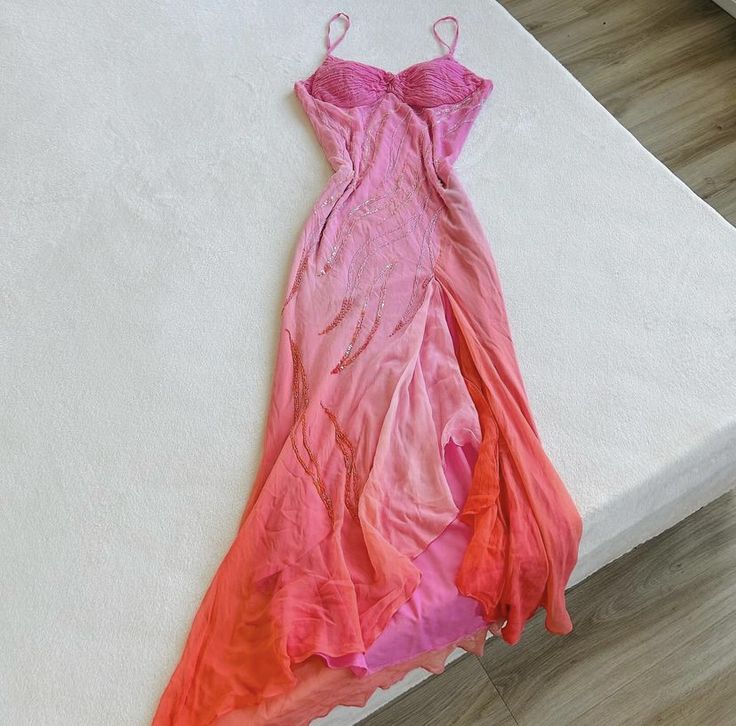 Pink Fashion Gradient Elegant Pleated Exquisite Beading Spaghetti Strap Long Chiffon Ball Gown Evening Dress Party Dress nv3663