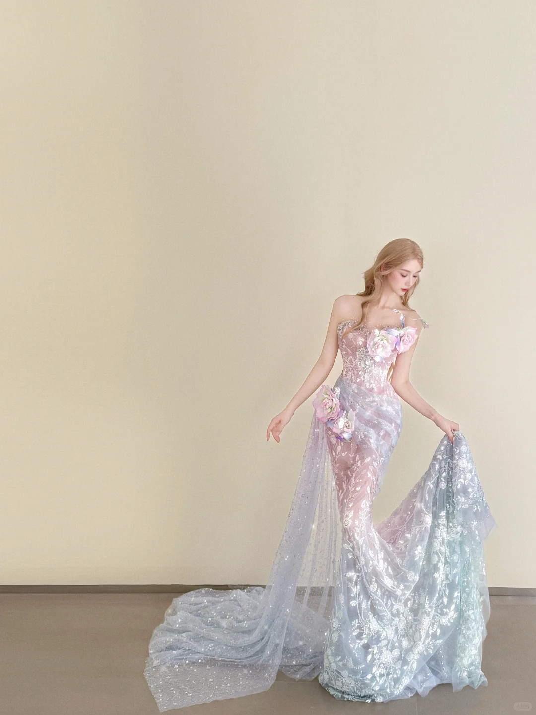 Ombre Pink Blue Strapless Sheer Mermaid Prom Dress 3D Floral Sparkle Tulle Train  NV7144