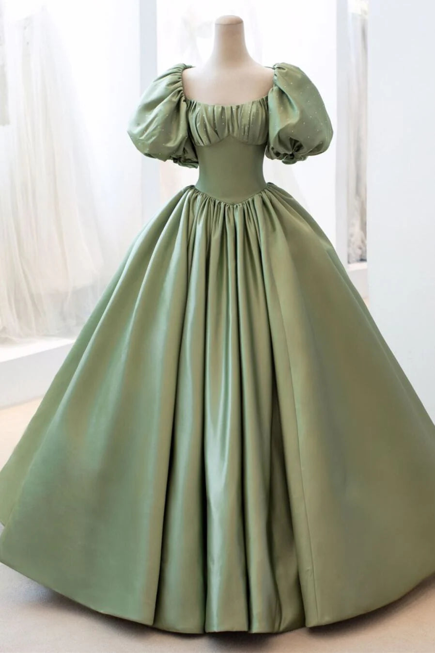 Green Sweet Elegant A-line Long Satin Short Sleeves Prom Dress Evening Dress Birthday Dress Graduation Dress nv74