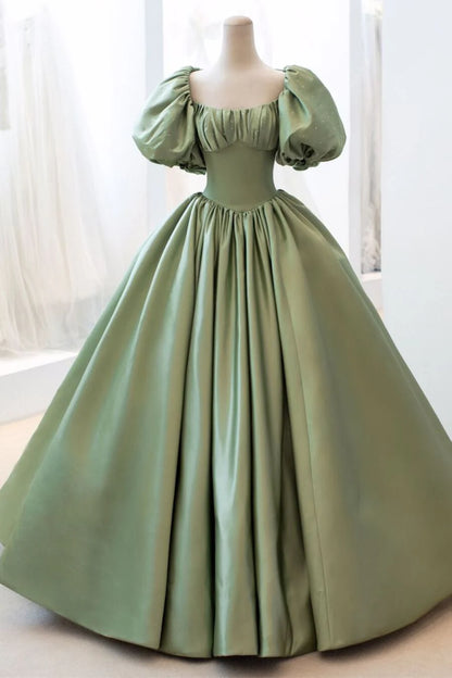 Green Sweet Elegant A-line Long Satin Short Sleeves Prom Dress Evening Dress Birthday Dress Graduation Dress nv74
