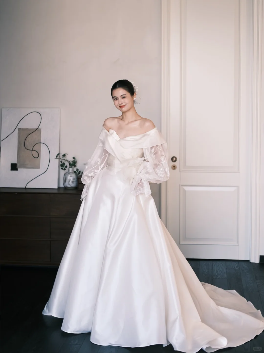 Off Shoulder Fold Satin Ballgown Wedding Dress with Lace Puff Sleeves  NV7368