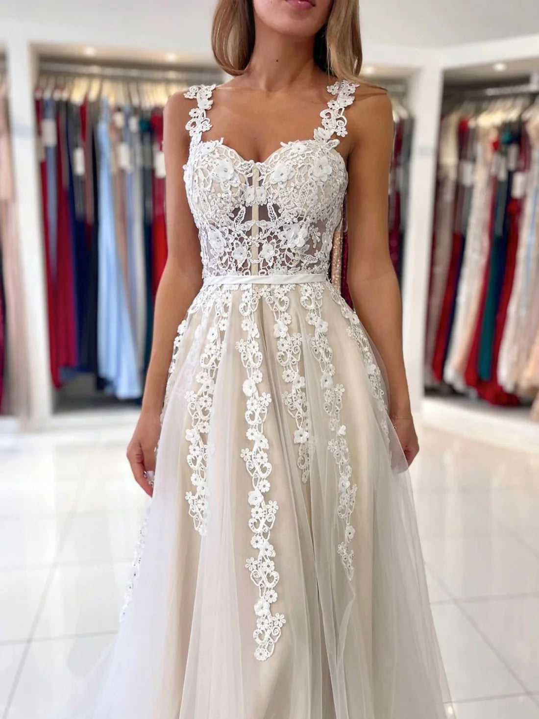 Champagne A-Line Lace Long Prom Dresses, Champagne Formal Evening Dresses nv1525