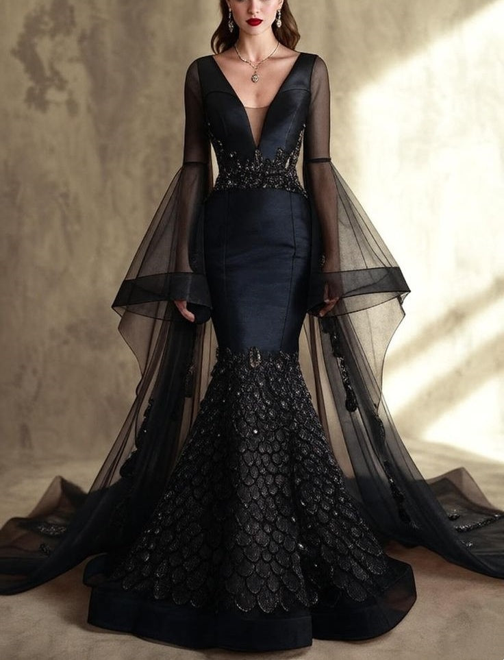Robe de soirée sirène en satin et tulle, style rétro luxueux, manches cloche et traîne ornée de perles à écailles de poisson - Robe haut de gamme pour dîner, bal et banquet de fiançailles NV6327