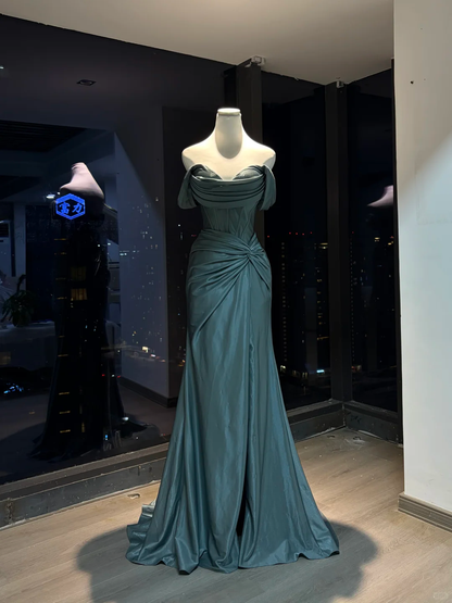 Dusty Teal Strapless Satin Mermaid Evening Dress, Draped Neck Corset Gown with Twist Waist Detail  NV7093