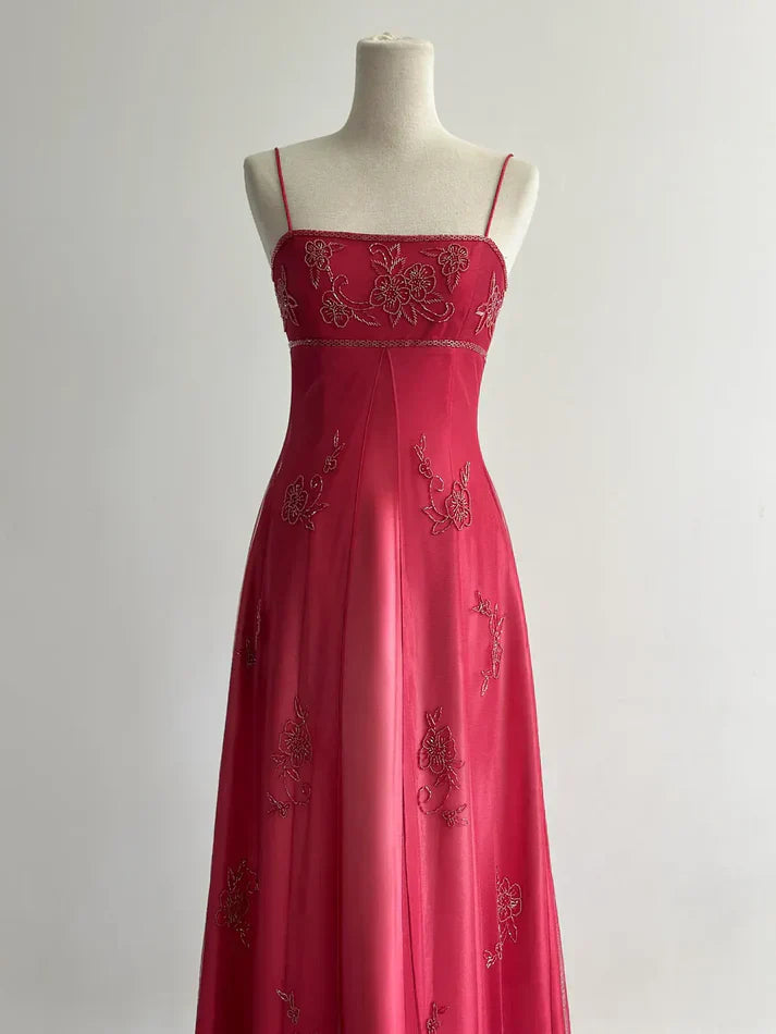 Red Fashion Elegant Exquisite Embroidery Beading Spaghetti Strap Long Tulle prom dress Evening Gown Party Dress nv3980