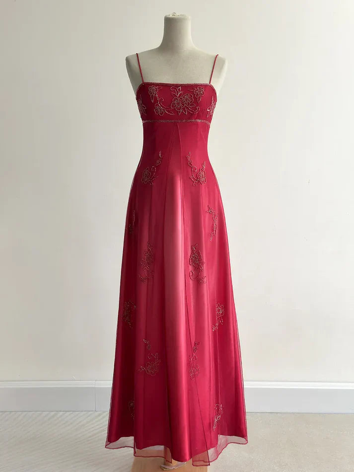 Red Fashion Elegant Exquisite Embroidery Beading Spaghetti Strap Long Tulle prom dress Evening Gown Party Dress nv3980