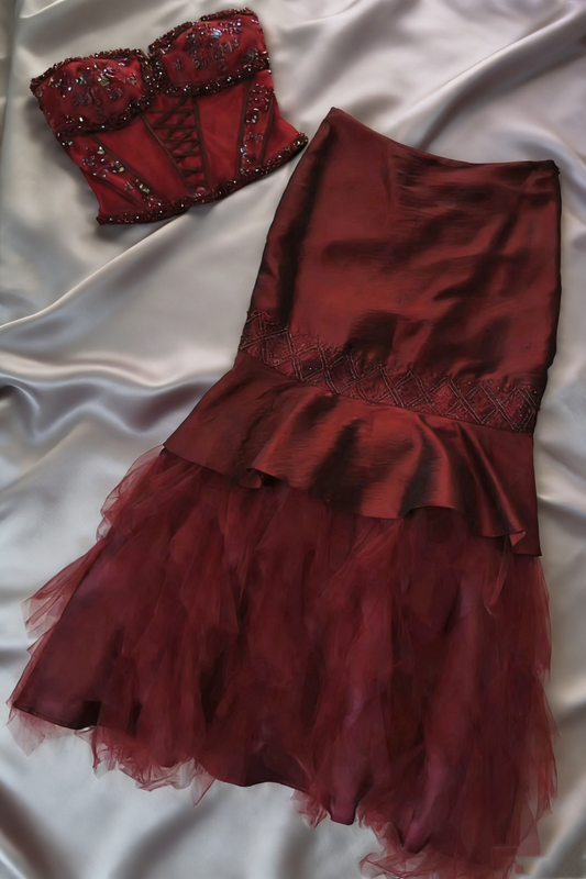 ✨Robe deux pièces bordeaux - Bustier perlé et jupe en tulle NV6760