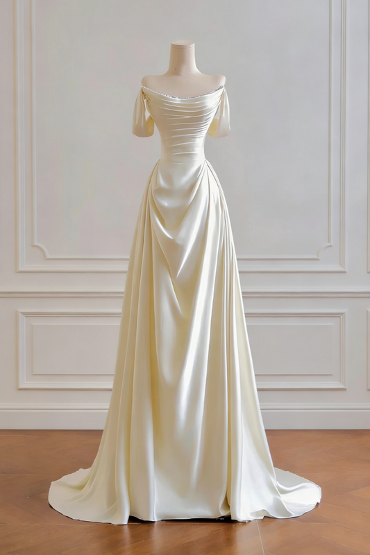 Robe de soirée drapée en satin ivoire à épaules dénudées - Traîne minimaliste NV6764