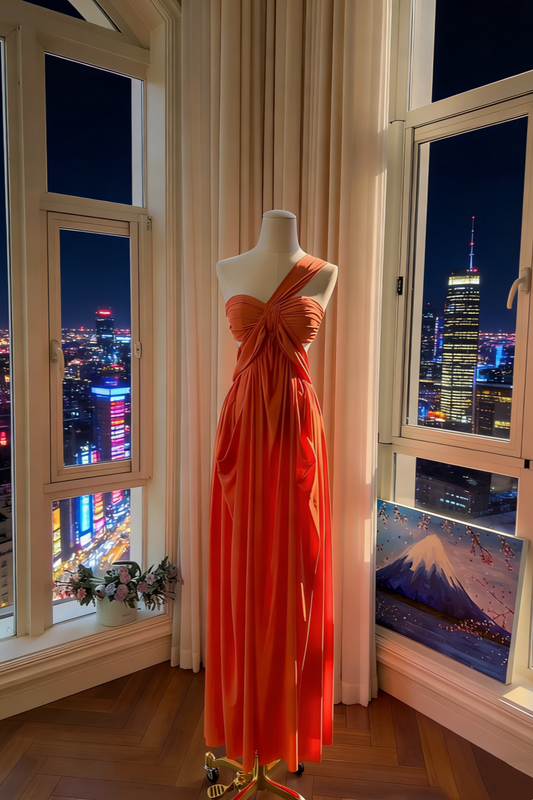 Robe longue asymétrique orange vif mat à nœud torsadé et dos nu - Robe longue drapée de luxe avec ceinture NV6783