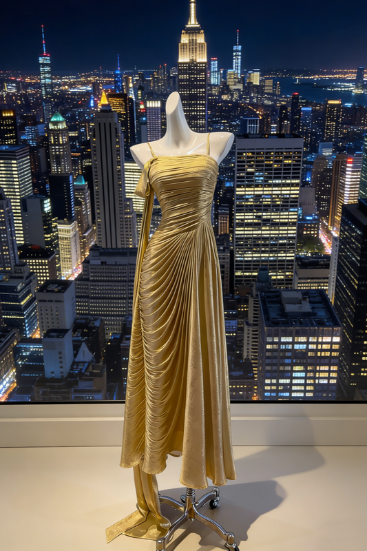 Robe longue asymétrique de luxe à fines bretelles spaghetti en tissu stretch doré scintillant - NV6786