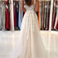 Champagne A-Line Lace Long Prom Dresses, Champagne Formal Evening Dresses nv1525