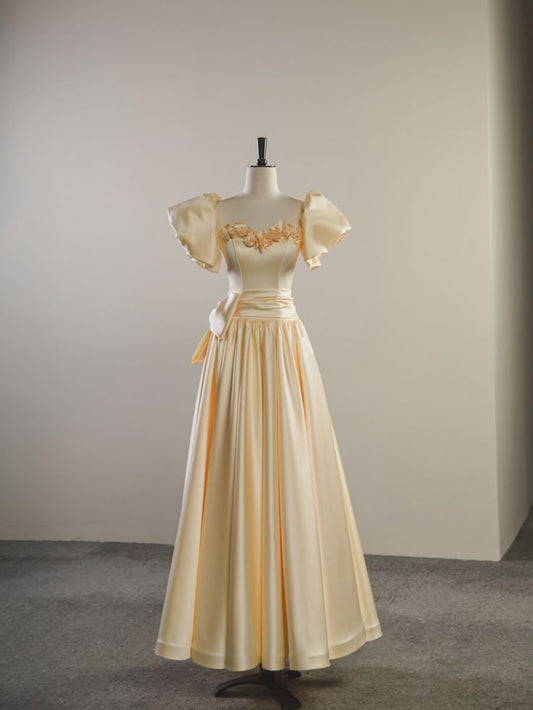 Yellow Stylish Elegant Delicate Floral Short Sleeve Long Satin Prom Dress Evening Dress Birthday Party Dress Prom Dress Graduation Dress nv4008