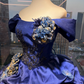 Off Shoulder Royal Blue Ball Gown Puff Sleeve Beaded Embroidery 3D Flower Satin Ruffle Prom Dress  NV7039