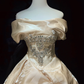 Off Shoulder Champagne Satin Ball Gown Rhinestone Beaded Draped Skirt Long Formal Prom Wedding Dress  NV6979